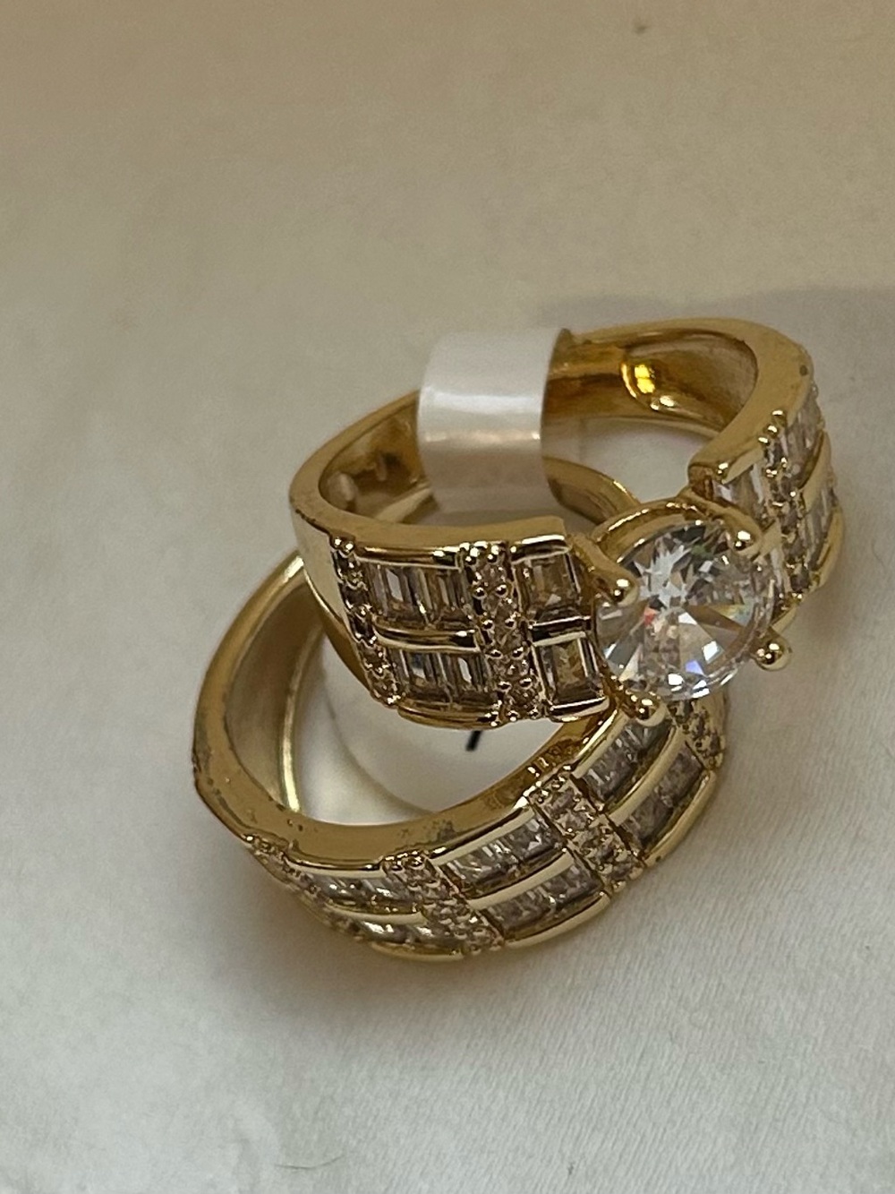 Gold-Plated Round CZ Engagement Ring with Baguette Accent - Gold